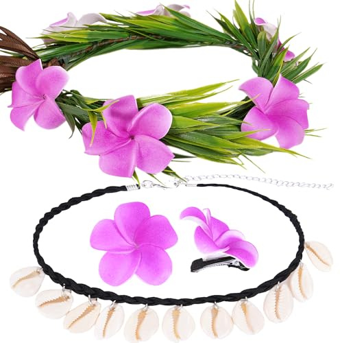 PartyforU Hawaii Kostüm Blumenkranz Haare Elfenohren Elfen Feen Kostüm Damen Rosa Tropische Florale Accessoires für Frauen Sommer 4 Stück Plumeria Haarnadeln