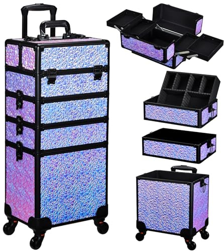 Maleta Maquillaje 4 en 1 Maletin Maquillaje Rueda de Gran Capacidad Caja Maquillaje Maletin de Cosméticos portátil con Cerradura Organizador de Maquillaje, Morado Degradado