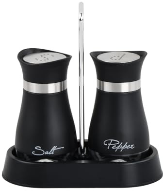 Culinavog Juego de Salero y Pimentero con Soporte, 120ml saleros de Cocina, Juegos de Vinagrera de Acero Inoxidable con Parte Inferior de Cristal Salero de Especias para Cocina Restaurante (Negro)