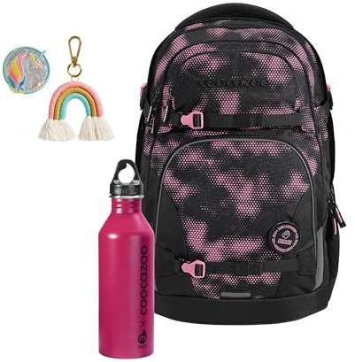 coocazoo Schulrucksack-Set Porter Pink Illusion, schwarz-rosa, 3-teilig | ergonomischer 35L Tornister, mit Brust- & Hüftgurt, für Kinder ab der 5 Klasse, inkl. Edelstahl-Trinkflasche