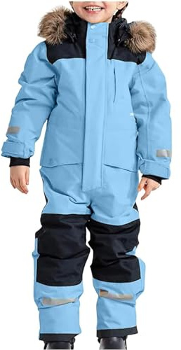 Schneeanzug Kinder, Schneeanzug Kinder - Skioverall Skianzug Fleece Schneeoverall Winddicht Skihose mädchen Jungen Winteroverall mit Pelzkragen Kapuze Skianzüge Outdoor Schneeanzüge, Himmelblau