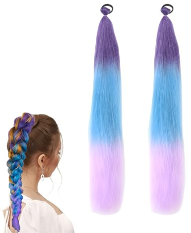 2 extension per capelli sintetici, 65 cm, intrecciate, ciocche di capelli sintetici, per intrecciare ciocche di capelli, con elastico per capelli, treccia, viola, blu, viola chiaro