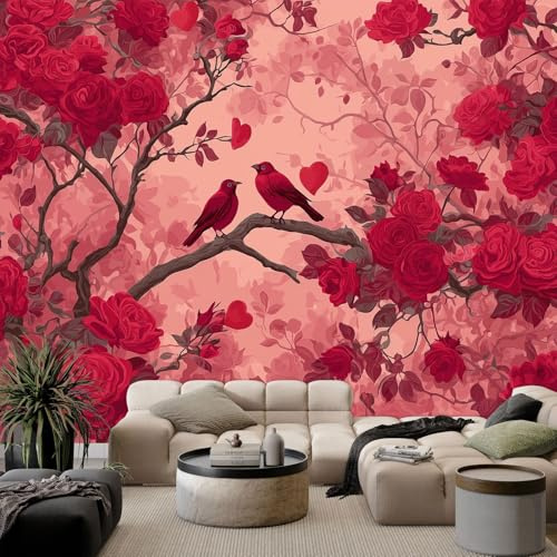 Generico Rosso Carta da Parati Tema Amore Cartoon Rosa Fiori Uccello Fotomurale Non Tessuto, Poster Gigante Decorazione da Muro, 200 x 140 cm per Soggiorno Camera Letto Ufficio TV Sfondo