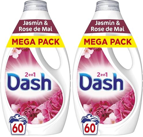 Dash 2en1 Lessive Liquide Jasmin et Rose de Mai, 60 Lavages, 3 Semaines de Fraîcheur, Avec Lenor, Notes Florales et Baies Rouges, Nettoyage en Profondeur, Fabriquée en France (Lot de 2)