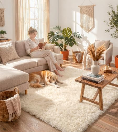 VOFUSHON Teppich Wohnzimmer 160 x 230 cm Creme | Hochflor, Waschbar, OEKO-TEX Zertifiziert, 35D Rückprallschaum, Schlafzimmer, Rutschfeste Unterseite, Flauschig