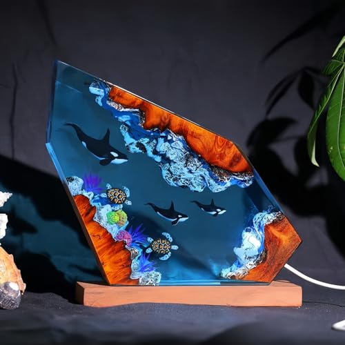 Drawelry Lámpara de Noche Oceánica en Resina Epoxi, Escultura 3D de Animales Marinos Orca Tortuga Ballena con Base de Madera, Luz LED Ambiental para Decoración del Hogar, Regalo Creativo Único (A11)