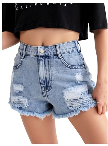 GORGLITTER Girl's Ripped Frayed Hem Denim Mini Shorts Elastic High Waisted Straight Leg Summer Jeans Shorts with Pocket Aged 8-12