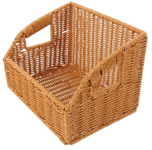 SHINEOFI Cesta de Almacenamiento de Plástico Beige Diseño Imitación Ratán Elegante, Tamaño 23.5x18x17 Cm, Capacidad de Carga Excelente para Salones y Dormitorios