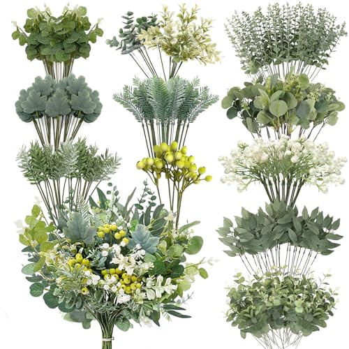 OrgMemory 128 Stück mit Stielen Künstliche Blätter, Plastikblätter, Gefälschte Blätter, 12 Arten Gefälschte Pflanze Zimmer Decor für DIY Blumenstrauß, Hochzeit, Home, Bankett Dekoration