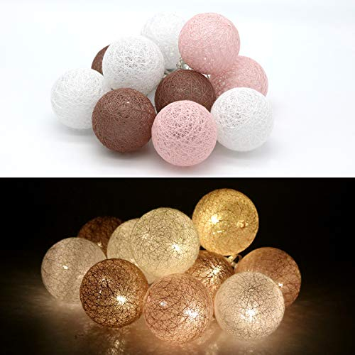 TRONJE Ghirlanda Luminosa con 10 LED Sfere di Cotone Ø6 cm - 1,9 m Fata Luci a Batteria - Catene a Palline Luminose con 4h Timer - Marrone-Rosa