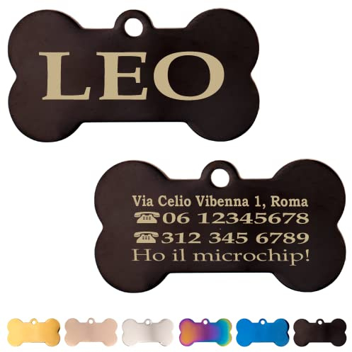 Ibera gifts - Medaglietta Cane Personalizzata, Targhetta Cane con Incisione in Acciaio Inossidabile a Forma di Osso, per Cani e Gatti di Taglia Media e Grande, Medaglietta Gatto Personalizzata (Nero)