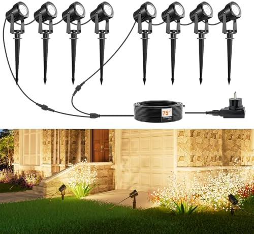 APONUO LED Gartenbeleuchtung, Außenleuchten Netzbetriebene 29m 27V Niederspannungs-Pfad Strahler mit Adapter IP67 Wasserdicht für Garten Hof Terrasse Bäume Rasen(Warmweiß, 8er Pack)