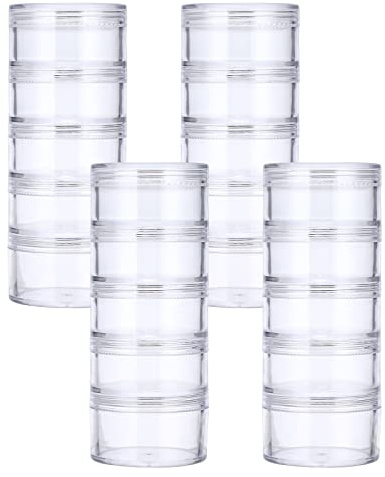 SUMTree 4 Packs 5 Slot Clear Plastic Round Storage Jars, Mini Jars, Large | Stackable Bead Storage Box, Portable Storage Canisters for Small Items, Beads, Crafts, Jewelry, Sewing, Nail Glitter Powder