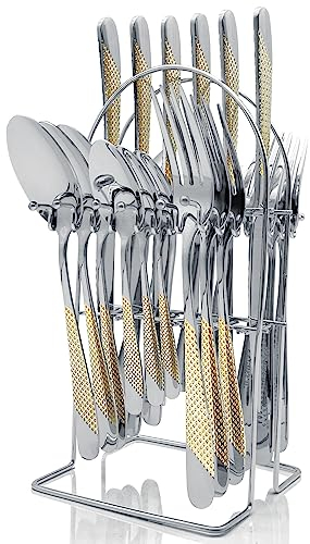 Gilded Silverware Set, 24 Piece Cutlery Set with Holder, Service for 6, Mirror Polished Tableware Set for Home Kitchen, Dishwasher (Gold Silvery)…