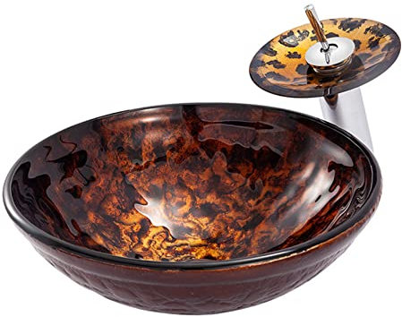 AsCoRP Bathroom Vessel Sink Flames Tempered Glass Vessel Sink Bowl Round Counter Top Installation Bathroom Vessel Vanity Sink Art Basin with Brass Waterfall Faucet Chrome Pop Up Drain