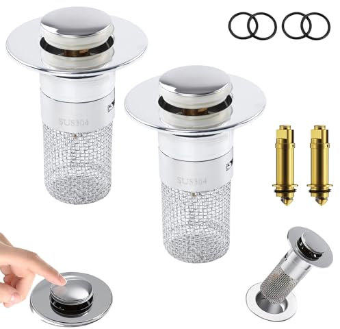 wadafen 2Pcs Stainless Steel Floor Drain Filter,Pop Up Drain Strainer,Removable Bathroom Sink Strainer,Universal Bathroom Sink Plugs,for 34-40mm Drain Hole,for Sink and Bathtub Drain Holes