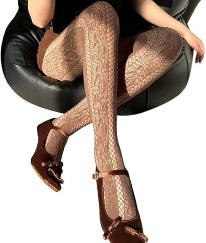 HEYXI Women French Vintage Fishnet Pantyhose Rose Patterned Sheer Mesh Tights Side Hollow Out Striped Stockings Coffee