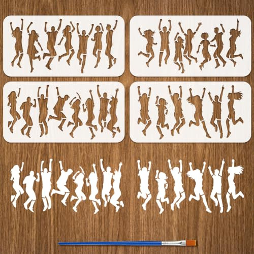 FINGERINSPIRE 4 Stück Malschablone Mit Springenden Menschen Und Pinsel 15x30cm Wiederverwendbare Vorlage Für Menschliche Silhouetten Kunststoff PET Figurenmotiv Zum Malen Auf Bodenmöbeln Dekoration
