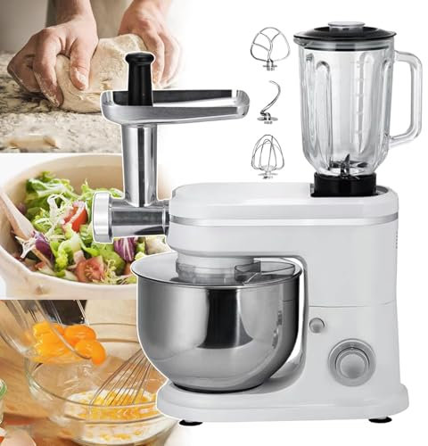 Amasadora eléctrica 3 en 1 con licuadora y picadora de carne, recipiente de acero inoxidable de 6 l y 6 velocidades, ideal para hornear y cocinar en restaurantes y pastelerías.