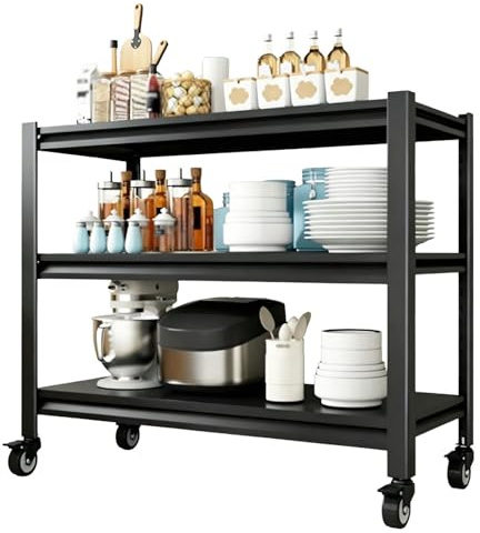 Coolpleasant Metallregal,3 Ebenen Garagenregal Auf Rollen,105kg Einstellbarer Rollwagen Mikrowellen Regal Werkzeugregal Küchenregal Kellerregal,Schwarz,80x40x80cm