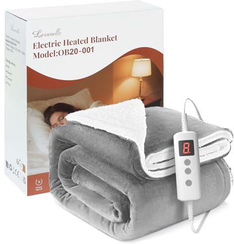 Levesolls Coperta Termica Elettrica 160x130cm,Schermo LED-10 Livelli Temperatura,9 Impostazioni di Timer,Microfibra+Pile di Agnello,Lavabile,Riscaldamento Rapido,Spegnimento,Automatico-Grigio Chiaro