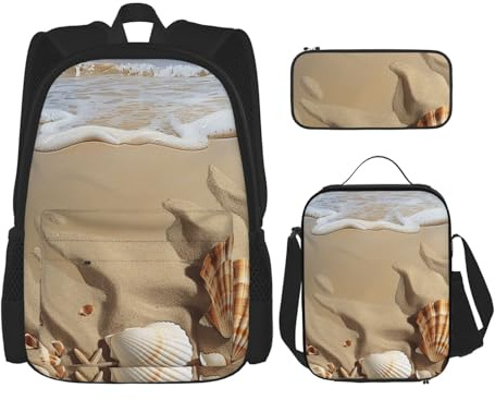 KCGSDEGV Beach Sea Shell Sand Printed Prints School Bag 3Pcs Bookbag Sets with Lunch Bag Pencil Case, Cute Student Backpack Set for Teen Girls Boys