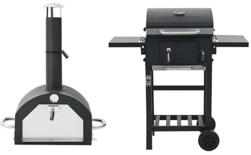 QUAHEAS Forno per pizza e grill per esterni 3 in 1, nero, in acciaio verniciato a polvere, con pietra per pizza, termometro, tavolini pieghevoli e ruote, per giardino, balcone e barbecue