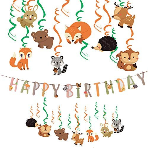 EASY JOY Tiere Geburtstag Dekoration Geburtstagsgirlande Folie Spiralen Wald Party Kindergeburtstag Deko | Cartoon-Tiere und Folie-Spiralen für Dschungelparty, Safari-Party, Jungen, Mädchen und Fotohintergrund