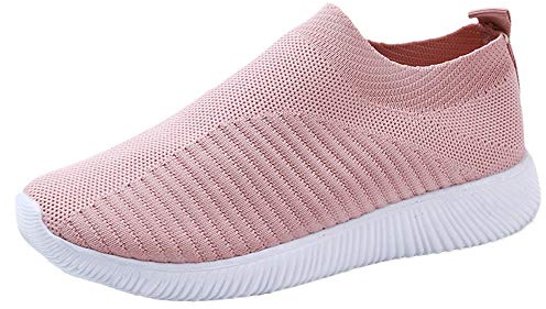 Chaussures Femme Ete Confortable Pas Cher Soldes Baskets Basses Plate Running Jogging Sport Respirant Mesh Chaussette Fille Tennis Sneakers Rose