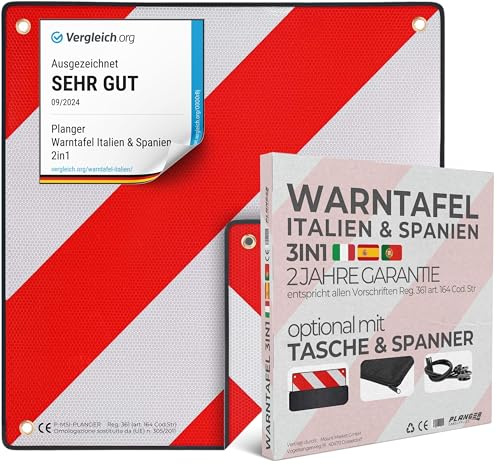 PLANGER® – varningsskylt Italien och Spanien 2-i-1 (50 x 50 cm) – reflekterande varningsskylt röd vit för bakhållare och cykelhållare