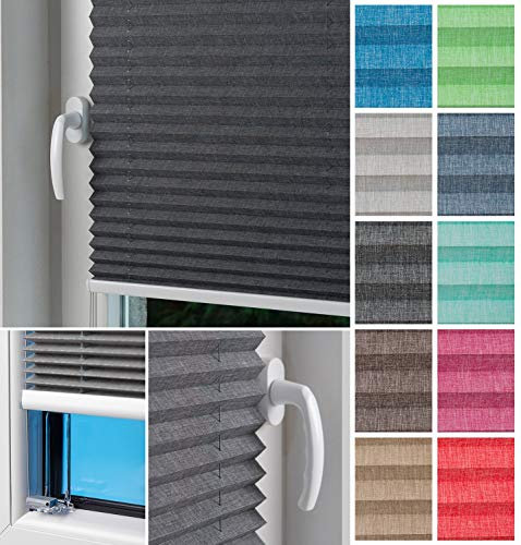 Home-Vision® Plissee Faltrollo ohne Bohren zum Kleben, Innenrahmen, Kollektion Melange Leinenoptik Blickdicht Sonnenschutz Jalousie für Fenster & Tür (Graphit,B65cm x H100cm)