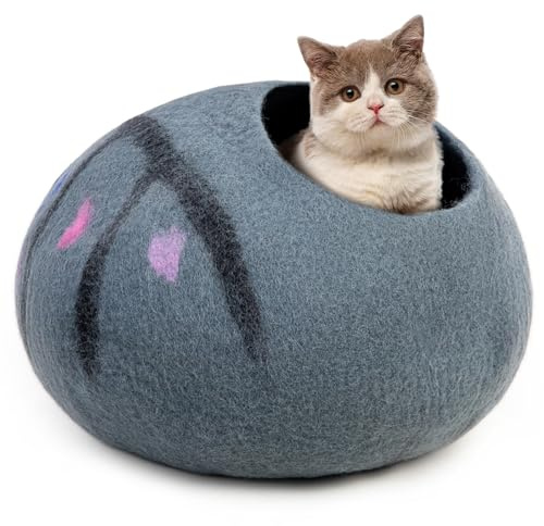 Katzenhöhle aus Wolle, mittelgroß, handgefertigt aus 100% Merinowolle, umweltfreundliche Filz-Katzenhöhle für Indoor-Katzen und Kätzchen (verzauberter Baum)