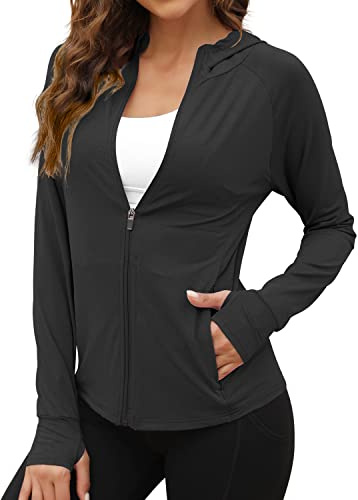 We1Fit Women's UPF 50+ Sun Protection Jacket Hoodie Sun Shirts Hiking Running Athletic Shirt Black