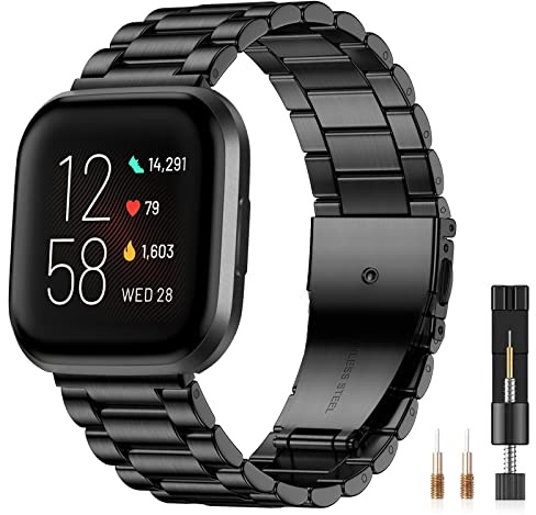 CeMiKa Metal Correa Compatible con Correas Fitbit Versa/Versa 2, Pulseras Ajustables Acero Inoxidable con Doble Cierre Plegable para Versa 2 Correa/Versa Lite Smartwatch, Mujer Hombre, Negro
