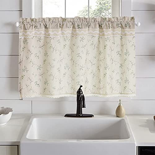 A.Monamour Tenda corta opaca in lino floreale pizzo beige rustico rustico tasca per asta trattamento finestra mantovana tende a pannello mezza tenda per cucina caffè camera da letto armadio tenda