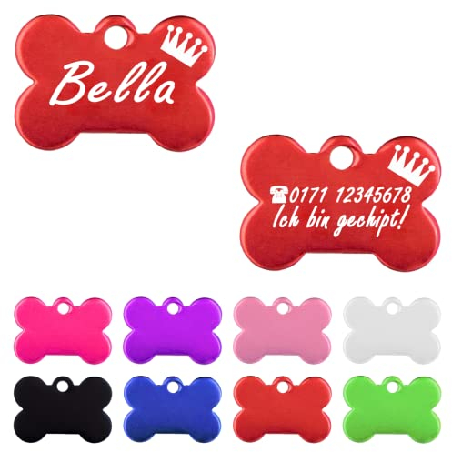 Iberiagifts - Hundemarke Knochen mit Gravur und Kronefür sehr kleine Welpen - Hunde - Katzen Haustier Plakette Anhänger Halsband Medaillon graviert personalisiert (Rot)