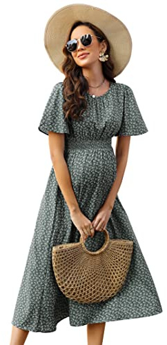 KOJOOIN Damen Umstandskleid Kurzarm Schwangerschafts Bedrucktes Kleid mit Rundhalsausschnitt und Rüschen Grün L