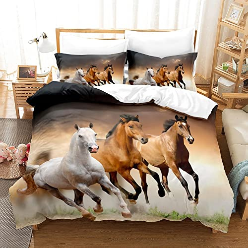 ZZXHG Funda Nordica 150x200 Caballo Animal MarróN Juvenil, Funda de Edredón Cama 90 Infantil de Microfibra, Juego de Ropa de Cama para Niños Niñas con Cremallera y 2 Funda de Almohada 50x75 cm