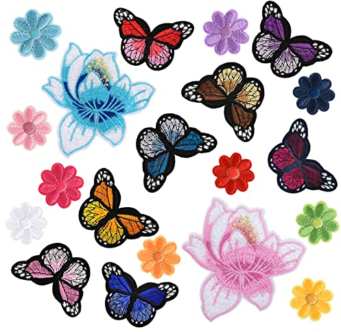 Heyu-Lotus 20 Stück Patches zum Aufbügeln,Aufbügeln Blumen Schmetterling, Bügelflicken Set, Aufnäher Patches Sticker Geeignet für Kinder DIY T-Shirt Jeans Kleidung Taschen Flicken Pat