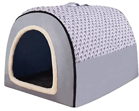 DENSUL Haustierbett, Großer Hund Hundehütte, Winter Wärme Halten Waschbar Innen Luxus Hundehaus Vier Jahreszeiten Hundehöhle Iglu mit Kissen,Grey Blue,XXXL 105 * 80 * 78cm