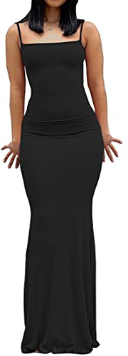WINKEEY Sexy Maxi Robe Femme Robe Longue Moulante à Bretelles Robe d'été Slim Fit Casual Soirée Cocktail, 1 Noir S