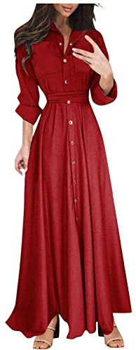 Saymany Hemdtkleid Damen Elegantes Lange Ärmel Kleider Regular Fit Lockeres Tunikakleid Fließend Swingkleid Langärmliges Maxikleid Skaterkleid Taille Hemdkleid Lässige Cocktailkleid mit Knopf