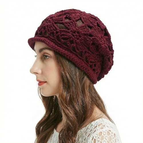 ZLYC Damer sommar stickade mössor handgjord virkad mössa slouch beanie mössa, virkad vinröd, En Storlek