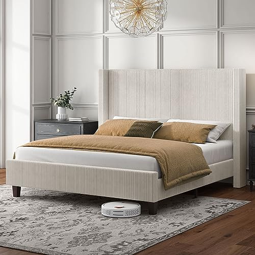 HOWE Queen Size Bed Frame with 50.8 Tall Wingback Headboard, Modern Corduroy Upholstered Platform Bed Frame with Solid Wood Slats & Legs, No Box Spring Needed, Noise-Reducing Design, Cream