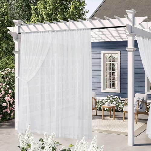 RYB HOME White Outdoor Sheer Curtains, Extra Long Rod Pocket Quick Drying Mosquito Semi Sheer Curtains for Pergola Gazebo Patio, W 84 x L 120 inches, White, 2 Panels Set