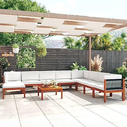 AUVYI 9-TLG. Garten-Lounge-Set mit Kissen Cremeweiß Massivholz Akazie 65x65x60cm Gartenmöbel Liegestuhl Lounge Sessel Outdoor Rückenkissen Sofa Couchbar Esszimmergruppe Eckbankgruppe Balkonstuhl