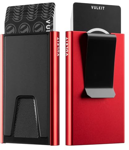 VULKIT Aluminium Kreditkartenhülle mit Geldklammer, Slim Smart Wallet Kartenetui Portemonnaie mit RFID Blocker, Rot