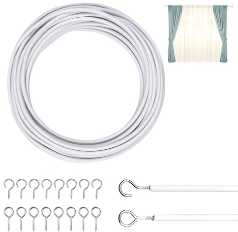 6m Alambre de Cortina, Gusanillo para Cortinas, Cuerda de Cortina con 8 Ojales de Tornillo y 8 Ganchos, Cable de Cortina, Cortinas Accesorios Cable Cortina para Barras de Cortina, Cortinas de Ducha