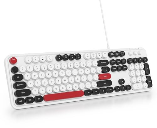 SbocKeeb Tastiera Retrò Macchina da Scrivere, Tastiera Membrana pc con Filo Cablata USB， Fullsize con Tasti Rotondi Mobili, Americana QWERTY per Laptop, Ufficio, PC, Desktop, Windows