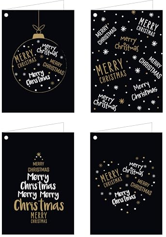 artup 12 Weihnachtsgeschenkanhänger mit Goldfäden – 4 schwarze, elegante Merry Christmas Motive, je 3 Klappkarten DIN A7 für Besondere Geschenke – Gelocht & Innen Unbedruckt Weiß